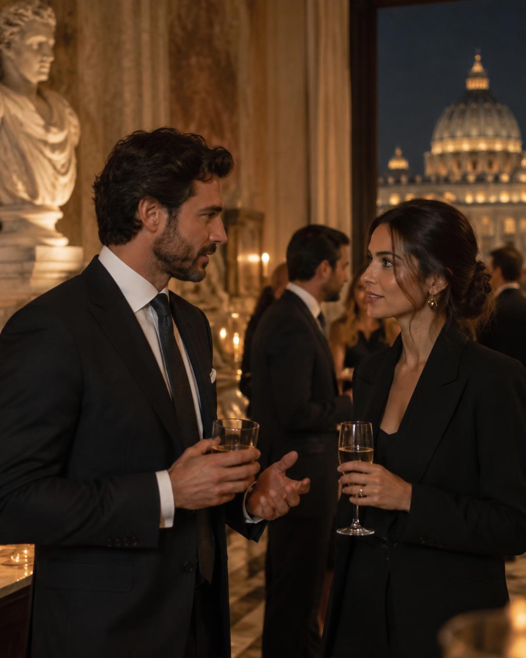 Two guests in conversation at an elegant evening networking event